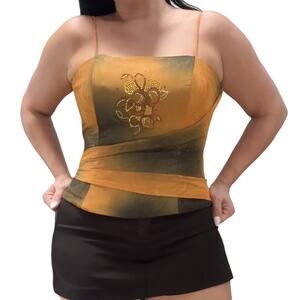 Y2K Ombre Mesh Cami Top Floral Rhinestone Detail Made in USA Size Large